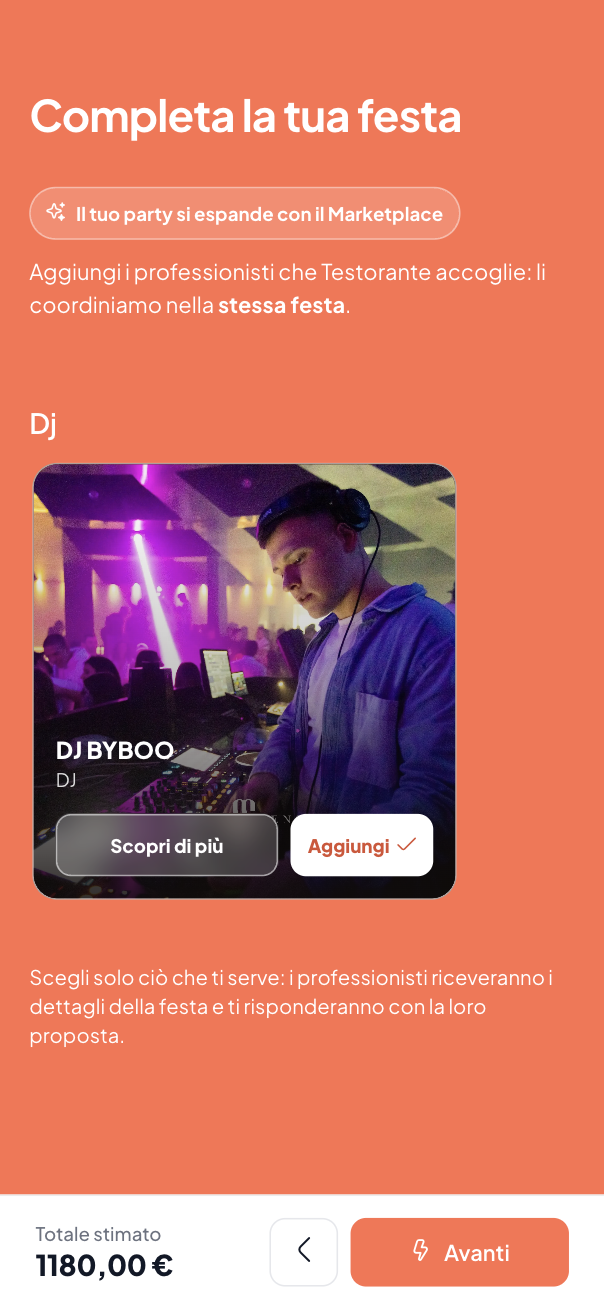 Aggiunta di DJ BYBOO a una festa tramite il marketplace
